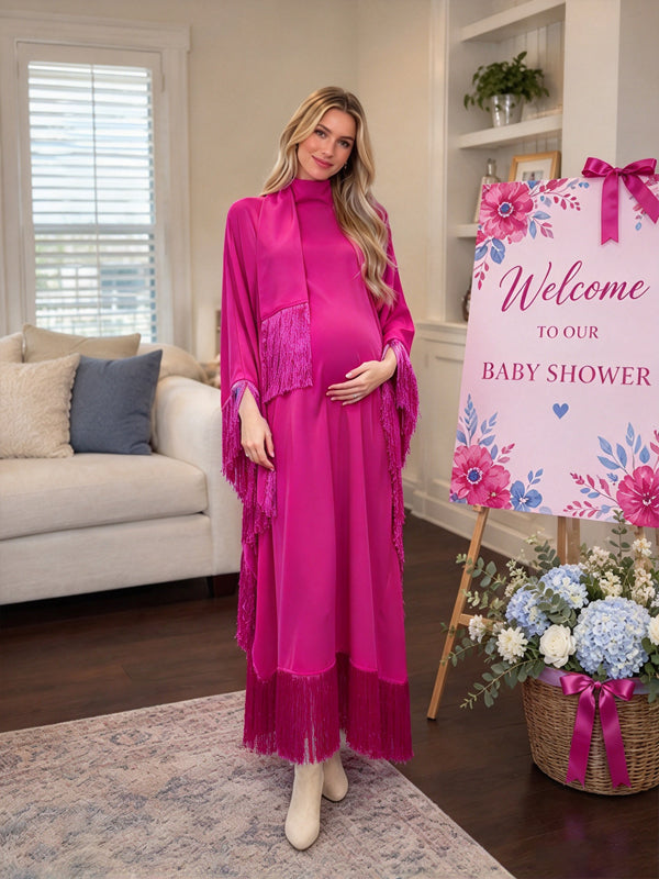 Rose Carmine Maternity Maxi Dress with Ribbon Tassels and Batwing Sleeve Design and Elegant Silhouette, Baby Shower Occasion