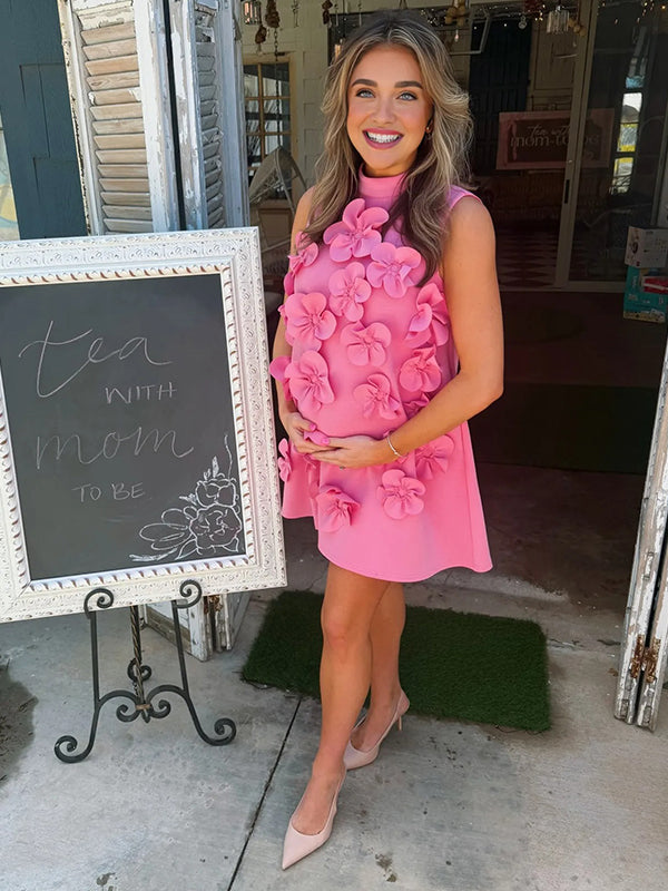 Momyknows Pink 3D Flowers Sleeveless High Neck Baby Shower Maternity Mini Dress