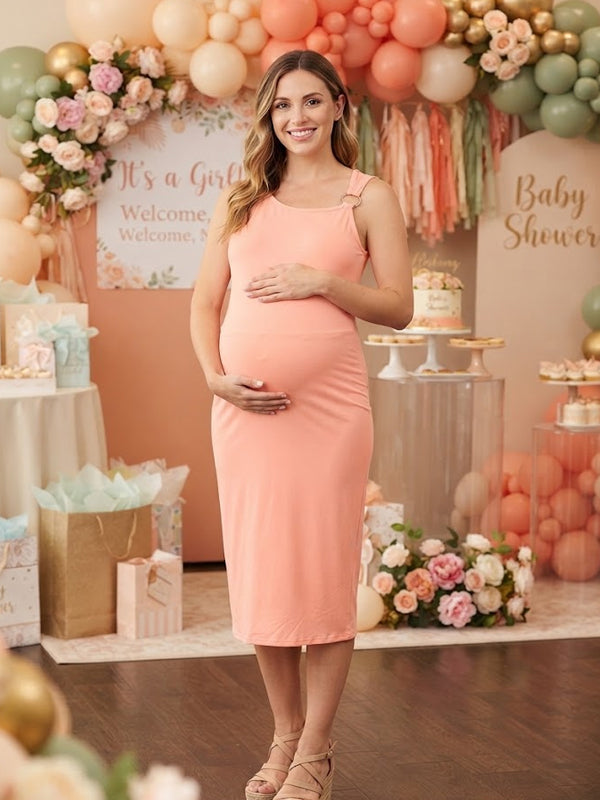 Momyknows Bodycon Ruched Spliced High Waisted Maternity Baby Shower Midi Dress