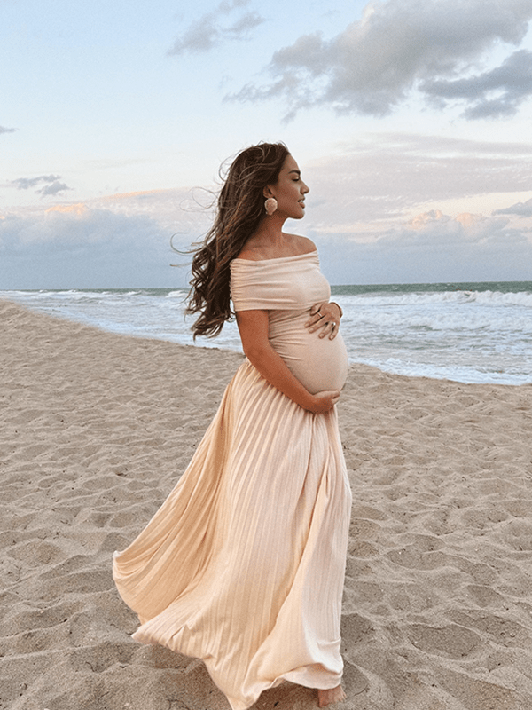 Momyknows Apricot Off Shoulder Ruched Pleated Big Swing Maternity Baby Shower Maxi Dress