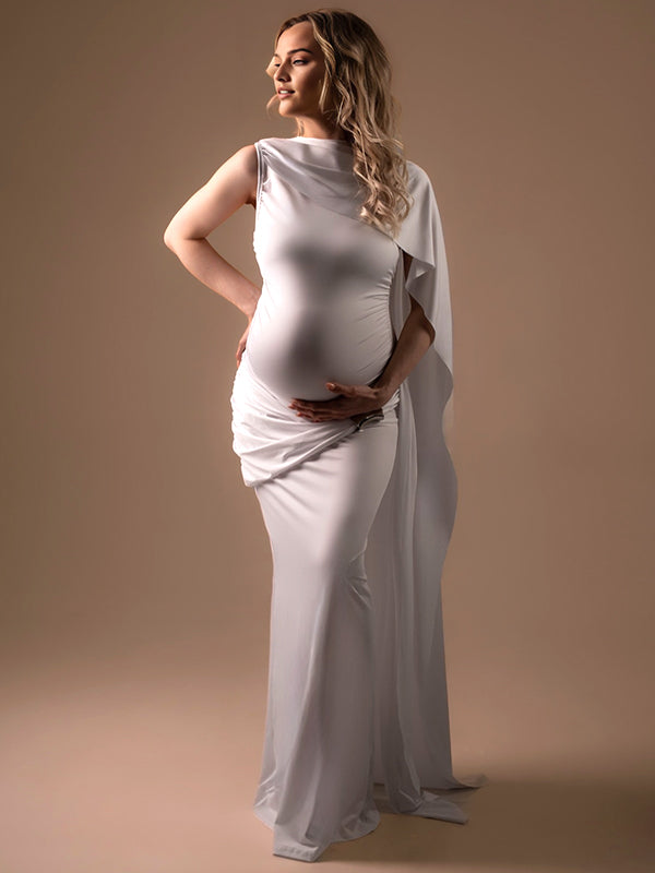 Momyknows White Cape Ruched Ribbon Maternity Photoshoot Maxi Dress