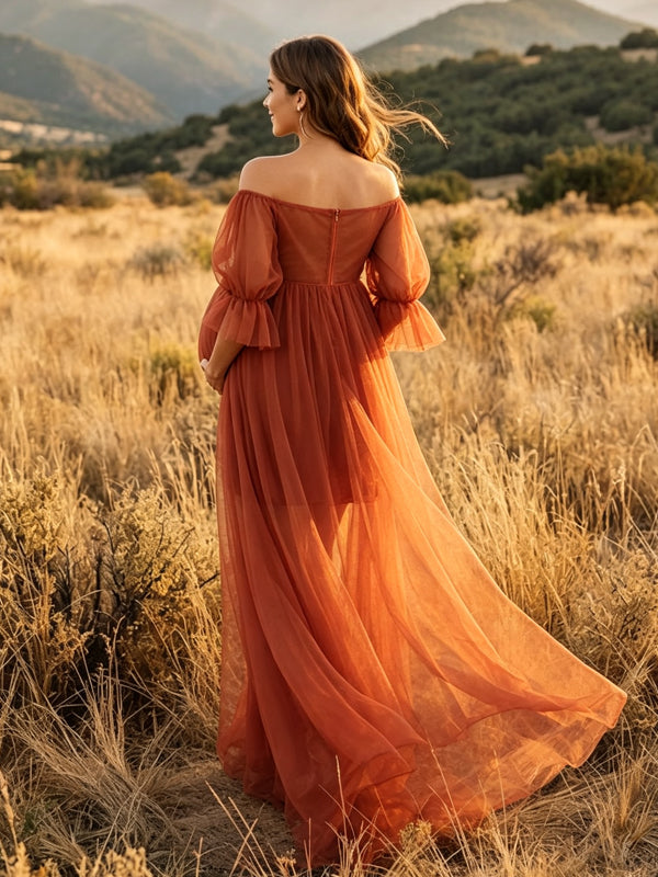 Red Off-the-Shoulder Maternity Dress with Double-Layered Grenadine Fabric and Flowy Fit