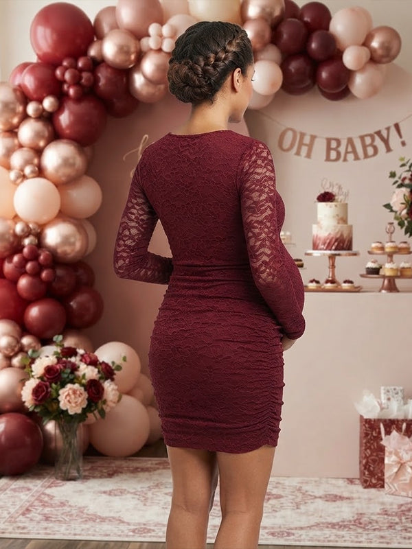 Red Lace Maternity Mini Dress with Square Neck and Ruched Detail