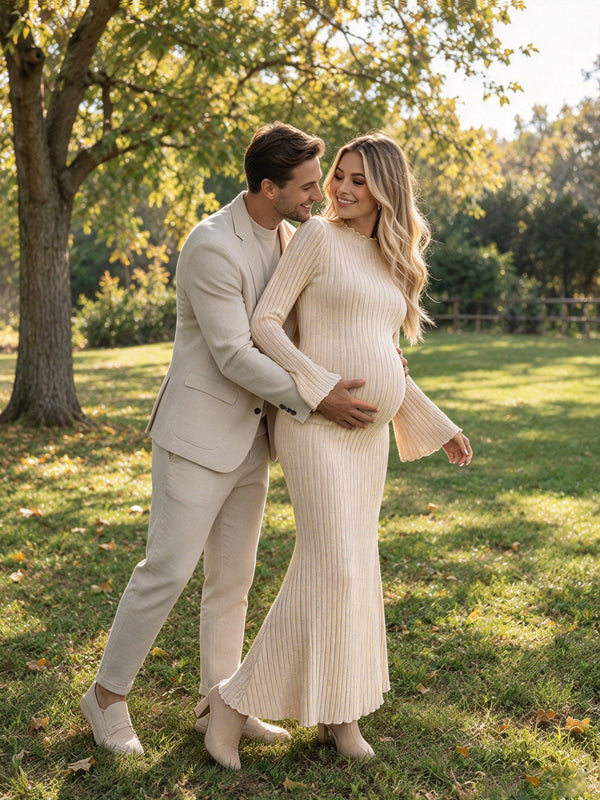Apricot Flare Sleeve Maternity Maxi Dress with Crochet Bodice and Fitted Trumpet Shape