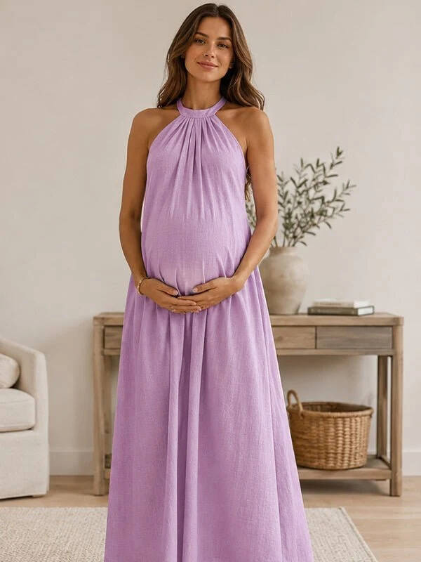 Momyknows Halter Neck Open Back Plus Size Maternity Photoshoot Maxi Dress - Purple - 5