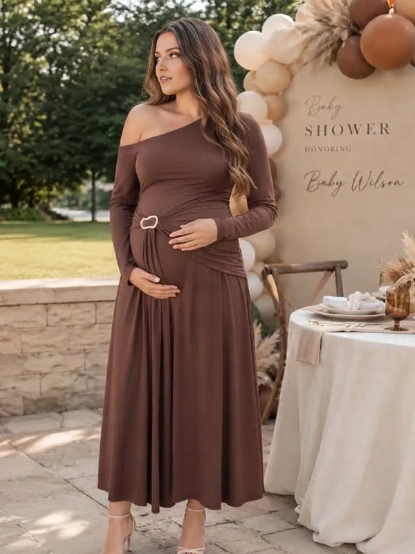 Brown Ruched Maternity Maxi Dress with Oblique Shoulder Detail and Flattering Silhouette