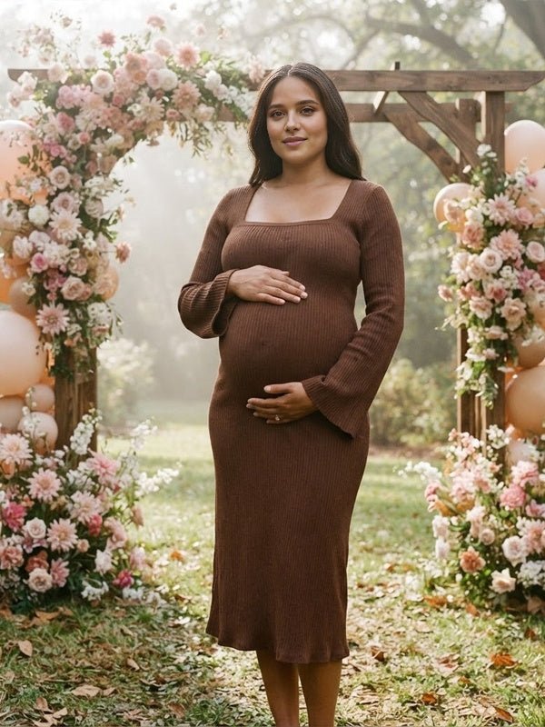 Momyknows Square Neck Lace Up Bodycon Maternity Baby Shower Midi Dress - Brown - 5