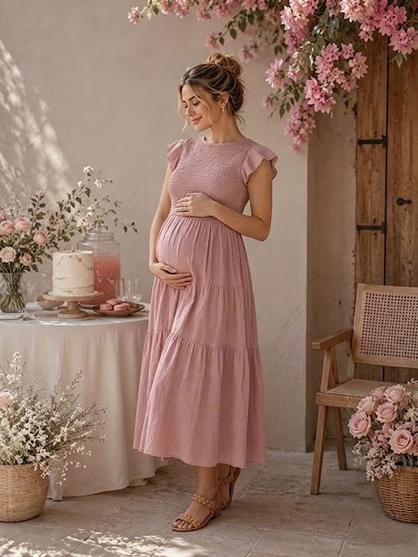 Momyknows Elegant Pink Falbala Shirring Ruched Maternity Baby Shower Maxi Dress - Pink - 2