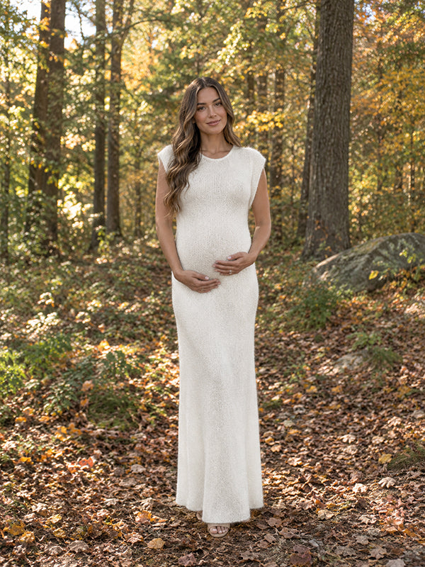 White Two Piece Maternity Maxi Dress with Textured Crochet Cardigan and Elegant Silhouette
