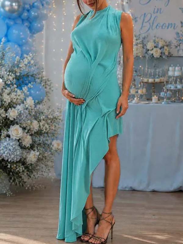 Momyknows Blue Irregular Ruffle Backless Maternity Baby Shower Midi Dress - Blue - 2