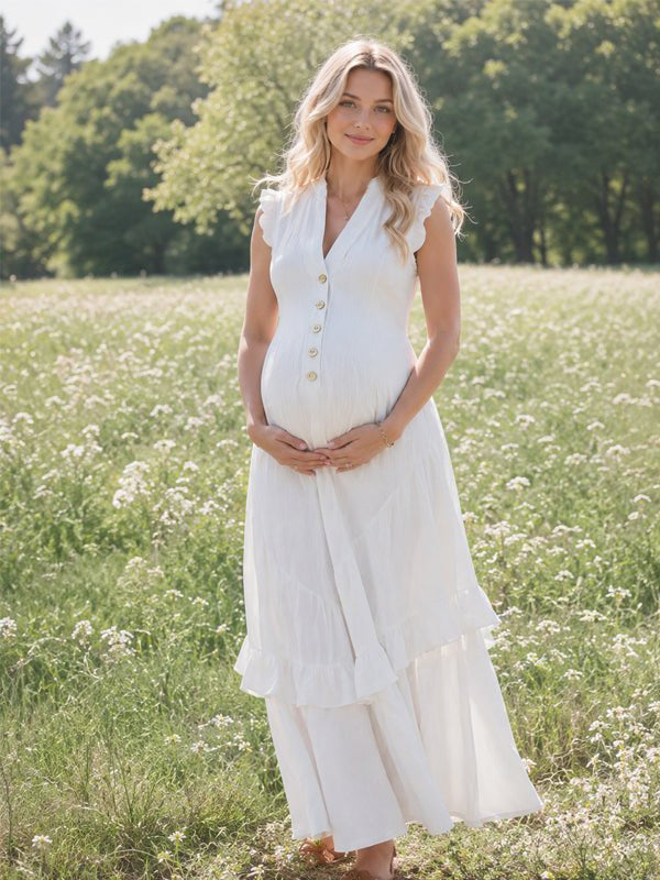 Momyknows Ruffle Button Falbala Big Swing Maternity Photoshoot Maxi Dress