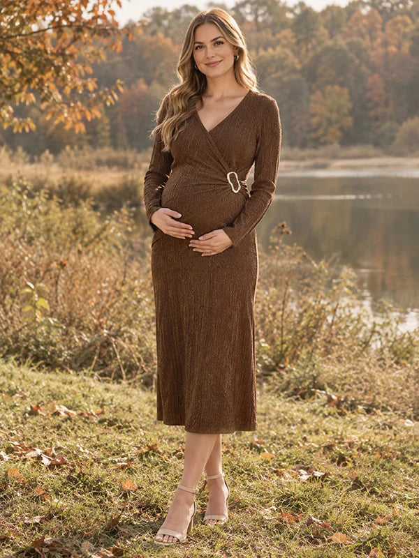 Elegant Brown Crochet Photoshoot Maternity Midi Dress