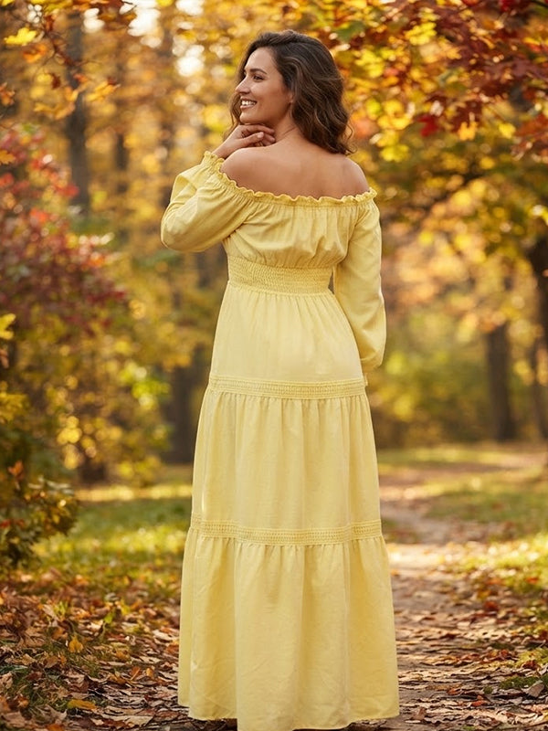 Yellow Off Shoulder Maternity Maxi Dress with Lace Up Detail and Smocked Fit
