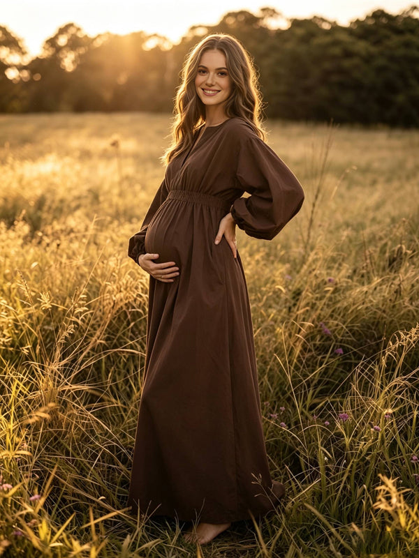 Brown Solid-Color Maternity Maxi Dress with V-Neck and Pockets