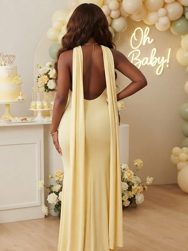 Momyknows High Neck Ribbon Trumpet Ruched Maternity Baby Shower Maxi Dress - Yellow - 3
