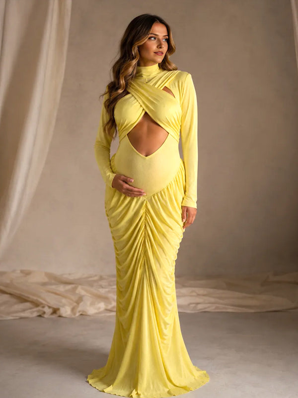 Yellow Ruched Maternity Maxi Dress with Cross Chest Detail and Flattering Silhouette