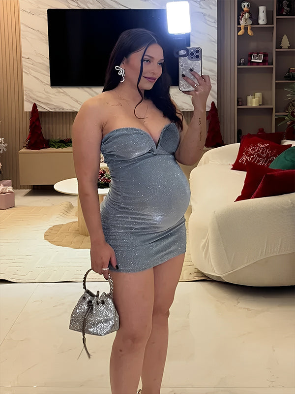 Momyknows Blue Glitter Ruched Backless Maternity Baby Shower Christmas Santa Mini Dress Momyknows Blue Glitter Ruched Backless Maternity Baby Shower Christmas Santa Mini Dress
