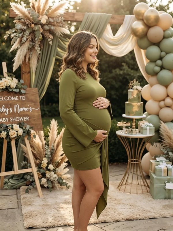 Momyknows Green Round Neck Long Sleeve Lace Up Solid Color Maternity Baby Shower Mini Dress - Green - 2