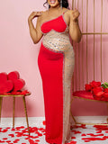 Momyknows Heart Mermaid Belly Friendly Oblique Shoulder Mesh Hot Drilling Evening Maternity Maxi Dress