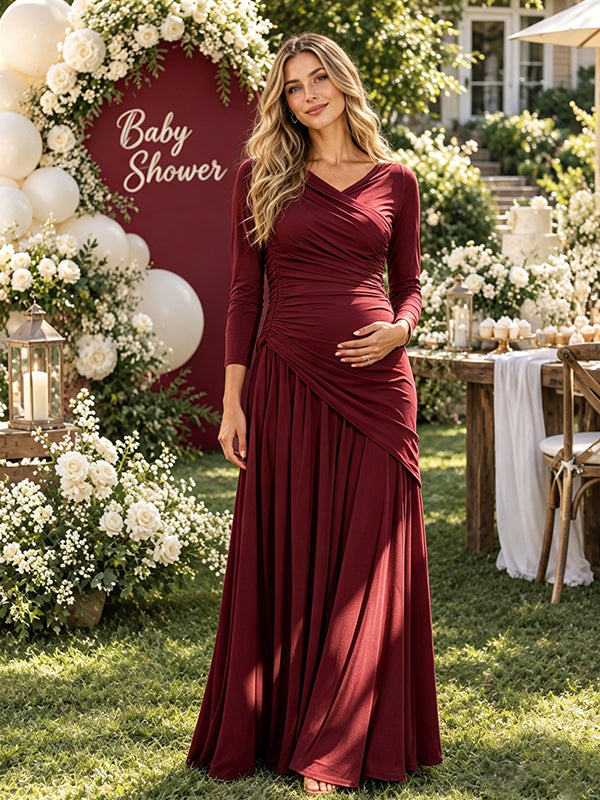 Wine Red Maternity Maxi Dress with V Neck and Ruched Design and Flattering Big Swing Silhouette, Baby Shower Style