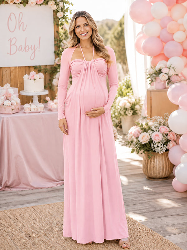 Elegant Halter Neck Baby Shower Maternity Maxi Dress