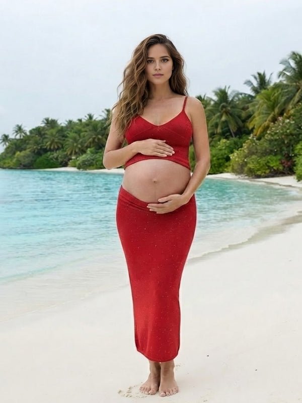 Momyknows Sequin Spaghetti Strap Ruched Two Piece Maternity Photoshoot Maxi Dress - Red - 4
