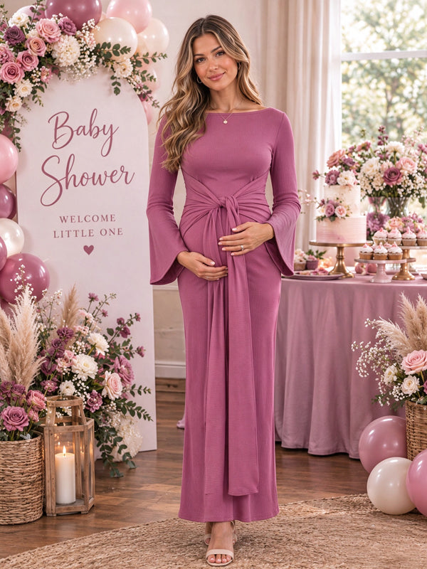 Elegant Flare Sleeve Knot Solid Color Maternity Maxi Dresses