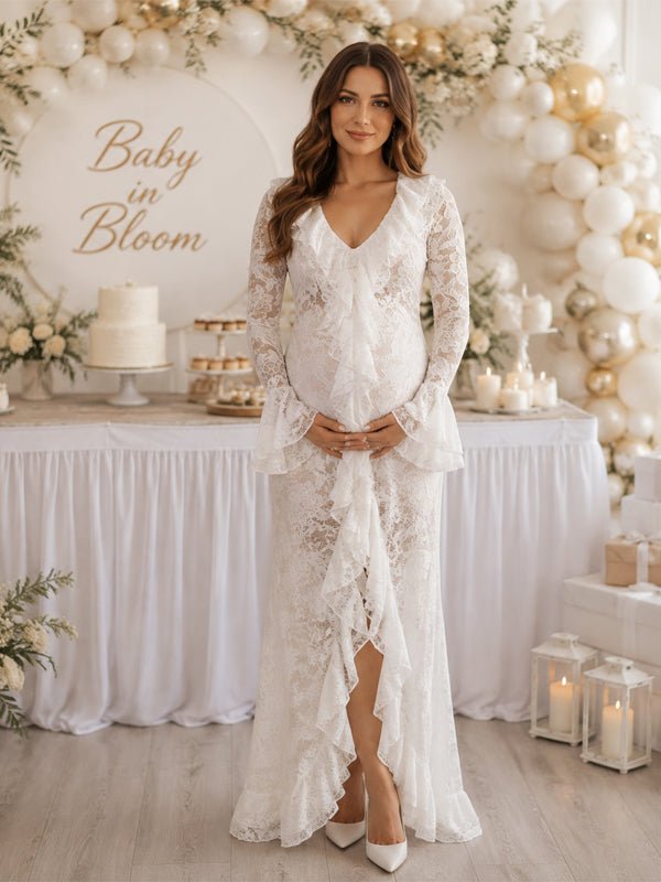Momyknows White Off Shoulder Ruffle Side Slit Lace Flare Sleeve Maternity Baby Shower Maxi Dress - White - 1