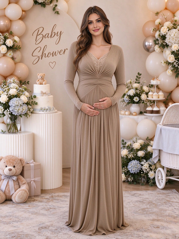 Khaki maternity maxi dress with lace panels, ruffle accents and pleated details, featuring an elegant flowing silhouette for baby showers