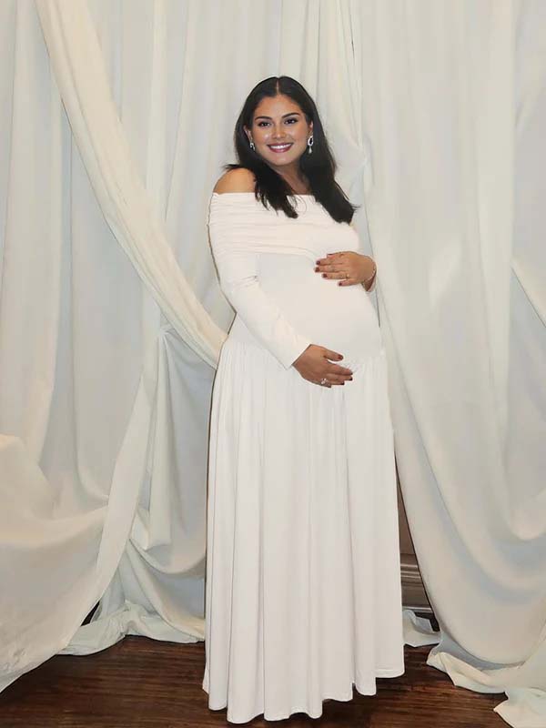 Momyknows Off Shoulder Ruched Backless Spliced Maternity Baby Shower Maxi Dress