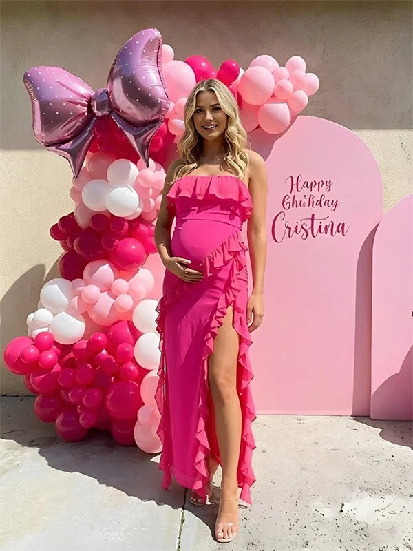 Momyknows Cute Pink Bandeau Falbala Side Slit Baby Shower Maternity Maxi Dress