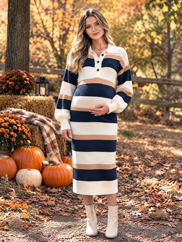 Navy Blue Striped Colorblock Maternity Midi Dress with Slit Design and Comfortable Sweater Silhouette, Photoshoot