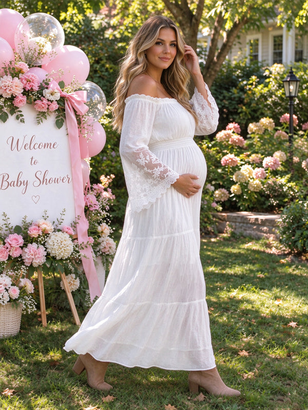 White Maternity Maxi Dress with Lace Splicing and Off-Shoulder Design and Flattering Silhouette