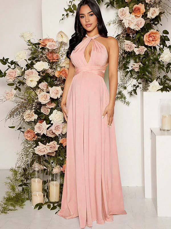 Momyknows Pink Lace-up Halter Neck Banquet Ceremony Babyshower Maternity Photoshoot Maxi Dress