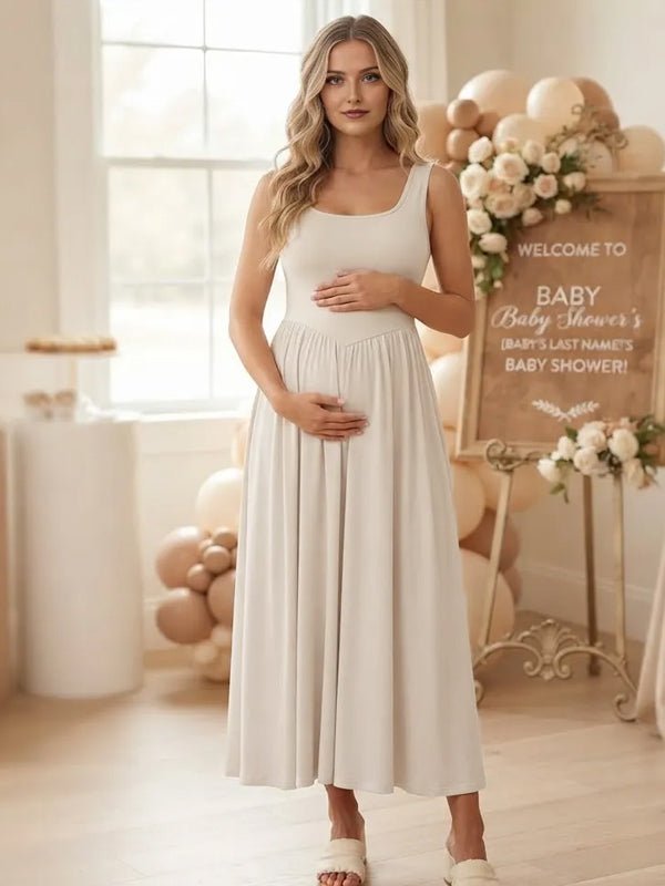 Momyknows Spaghetti Strap Ruched Backless Maternity Baby Shower Midi Dress - White - 2