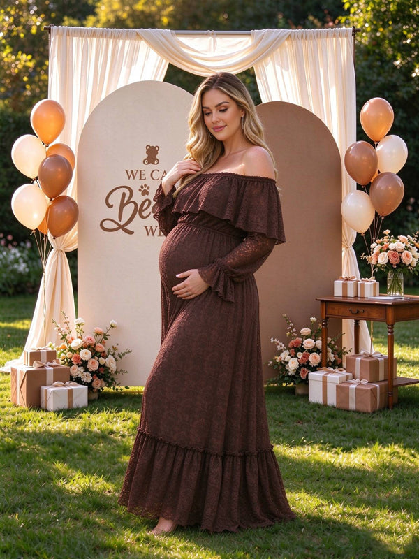 Brown maternity dress with an off-shoulder design and delicate flouncy lace accents, flattering feminine fit