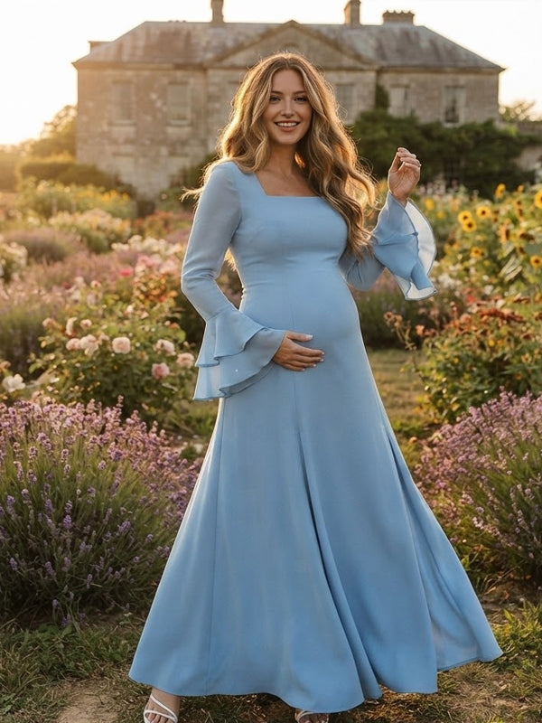 Blue Ruffle Maternity Maxi Dress with Flare Sleeves and Big Swing Fit