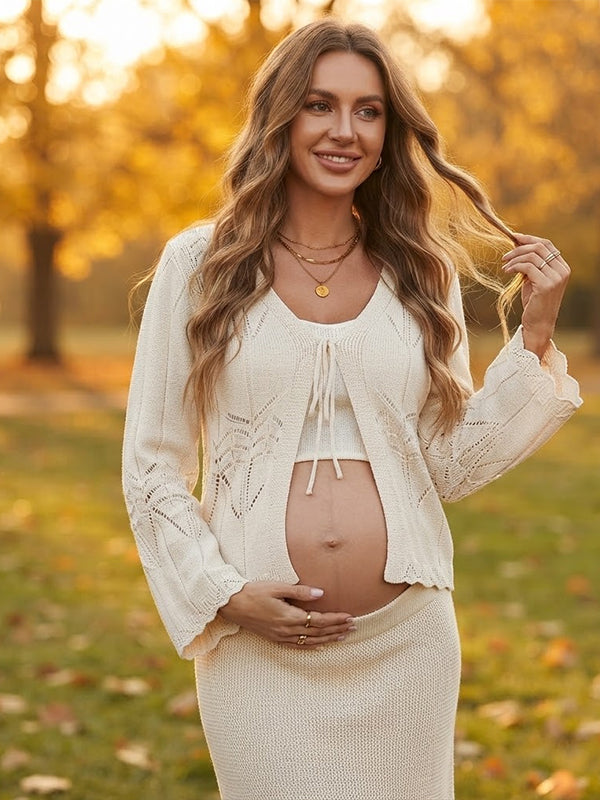 Apricot Crochet Maternity Top with Lace Up Detail and Flare Sleeves and Flattering Fit, Photoshoot Occasion