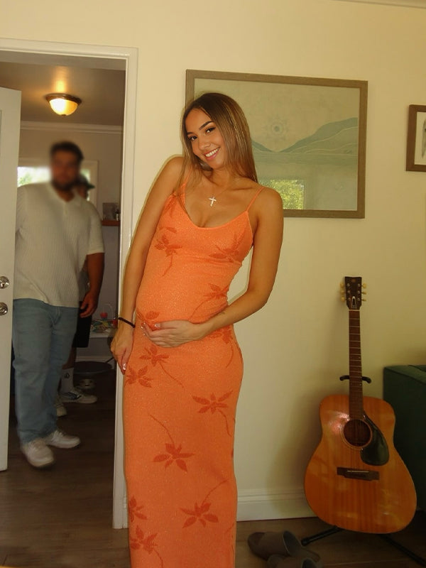 Momyknows Nacarat Striped Stamp Bodycon Vacation Beach Maternity Photoshoot Maxi Dress