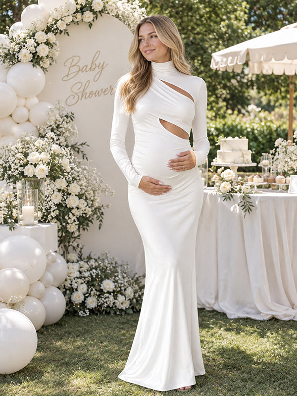 White High Neck Ruched Maternity Maxi Dress with Trumpet Silhouette and Elegant Fit, Baby Shower Occasion