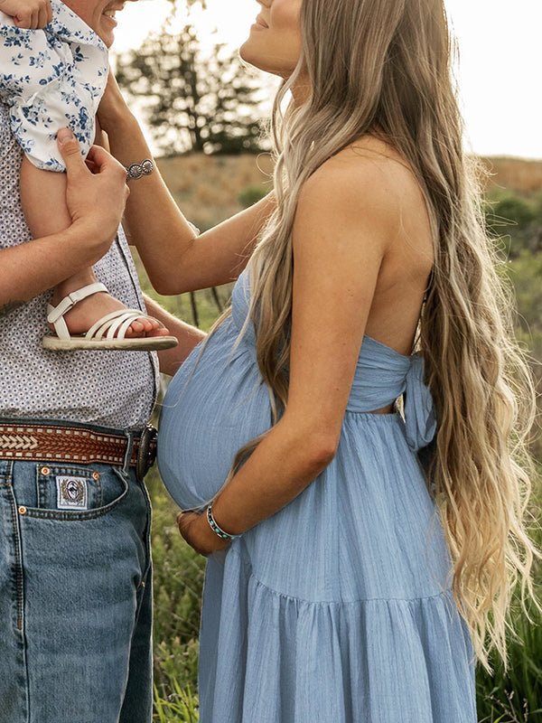 Momyknows Boho Blue Backless Tie Back Bowknot Halter Neck Flowy Photoshoot Western Maternity Maxi Dress - Blue - 8