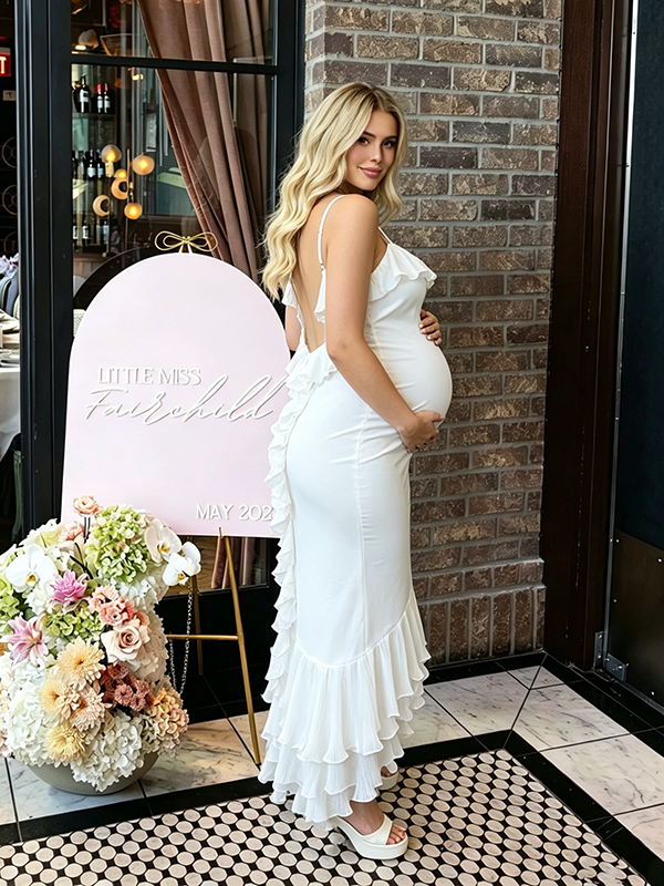 Momyknows White Layered Ruffle Cami Backless Mermaid Bodycon Elegant Baby Shower Maternity Maxi Dress Momyknows White Layered Ruffle Cami Backless Mermaid Bodycon Elegant Baby Shower Maternity Maxi Dress