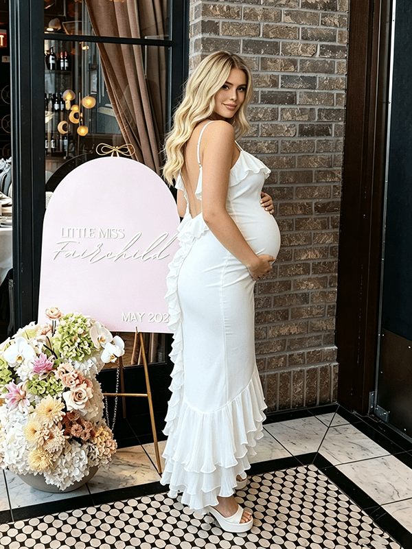 Momyknows White Layered Ruffle Cami Backless Mermaid Bodycon Elegant Baby Shower Maternity Maxi Dress, White / M