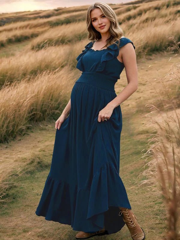 Momyknows Smocked Off Shoulder Falbala Maternity Photoshoot Maxi Dress - Blue - 6