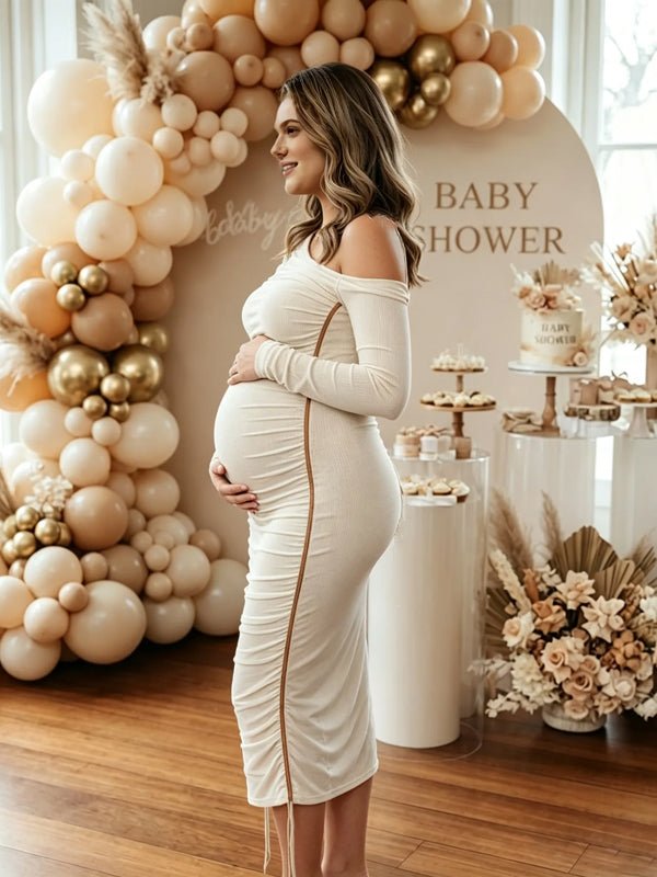 Momyknows Long Sleeve Grenadine Oblique Shoulder Splicing Ruffle Maternity Baby Shower Midi Dress - Apricot - 2