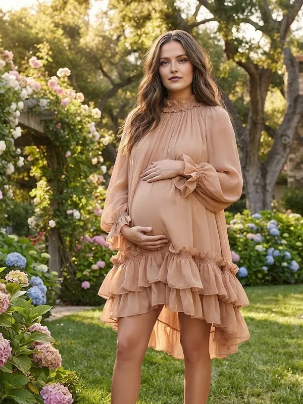 Rose Gold Ruffle Maternity Mini Dress with Big Swing Silhouette and Flare Sleeves and Graceful Fit, Photoshoot Occasion