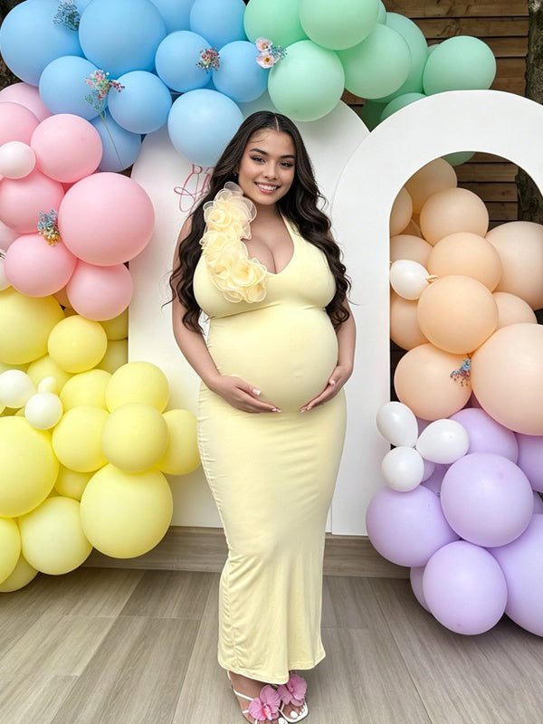 Momyknows Yellow Halter Neck 3D Flower Ruched Bodycon Backless Maternity Baby Shower Maxi Dress