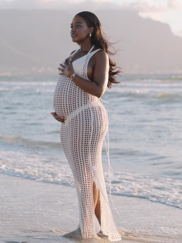 crochet lace maternity dress PinkBlush Beige Crochet Lace Button Front Maternity Dress Small