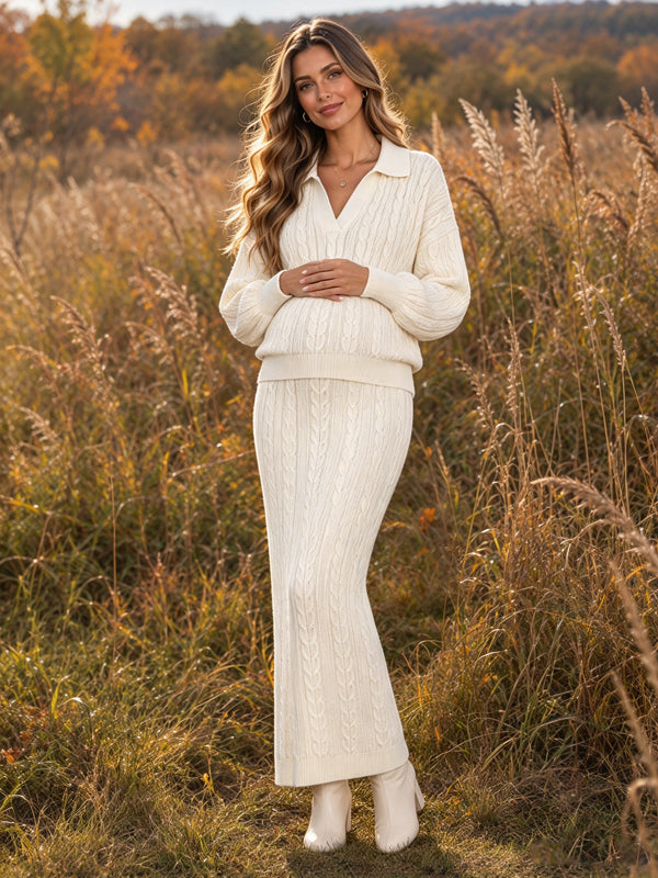 Apricot Maternity Maxi Dress with Crochet Knit Texture and Elegant Turn-Down Collar