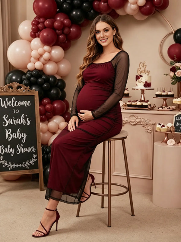 Burgundy Maternity Dress with Square Neck and Tiered Ruffles and Fitted Silhouette